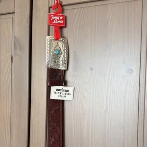 Tony Lama western embossed turquoise stone belt buckle leather tooled belt